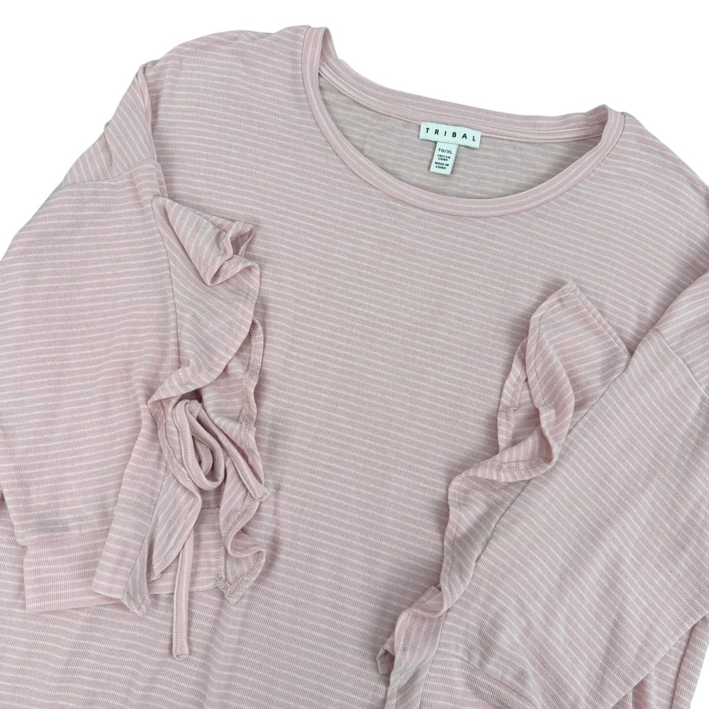 TRIBAL Pink Stripe Ruffle Sleeve Tie Detail Tunic Top TG XL